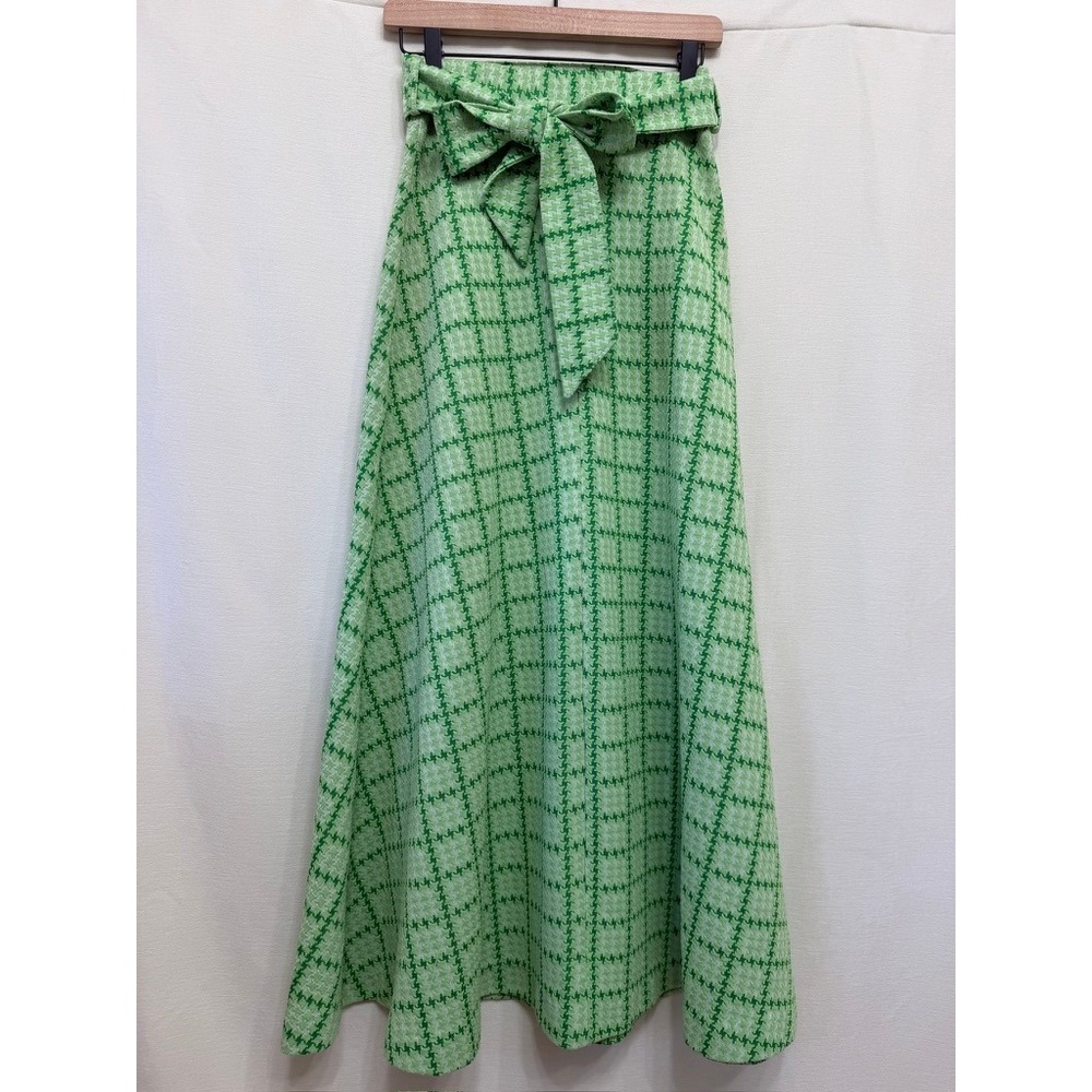 Vintage Green Plaid Tweed Maxi Skirt with Matching Belt Small
